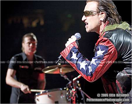 Live concert photo of Larry Mullen Jr, Bono